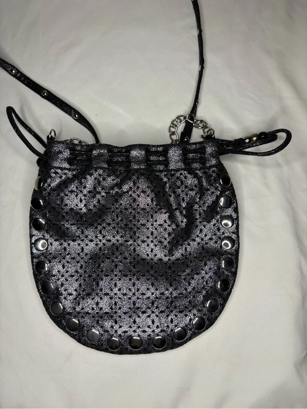 Candies Black and Silver Women's Drawstring Crossbody Bag Long Spaghetti Strap